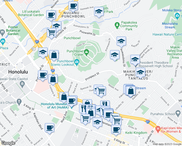 map of restaurants, bars, coffee shops, grocery stores, and more near 1570 Magazine Street in Honolulu