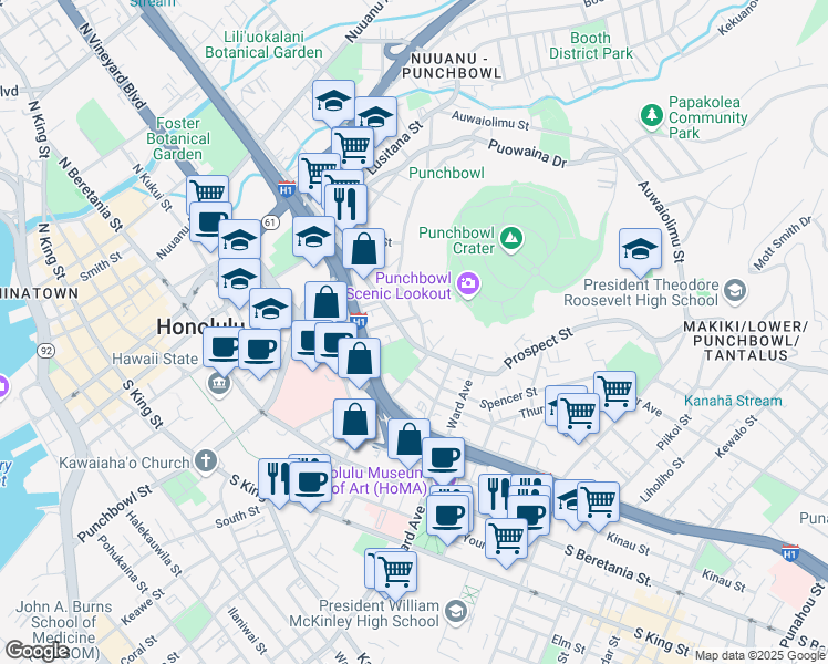 map of restaurants, bars, coffee shops, grocery stores, and more near in Honolulu