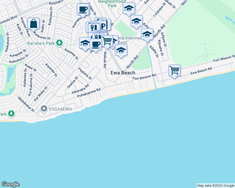 map of restaurants, bars, coffee shops, grocery stores, and more near 91-707 Oneula Place in Ewa Beach
