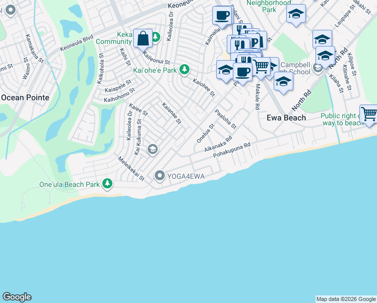 map of restaurants, bars, coffee shops, grocery stores, and more near 91-517 Aikanaka Road in Ewa Beach
