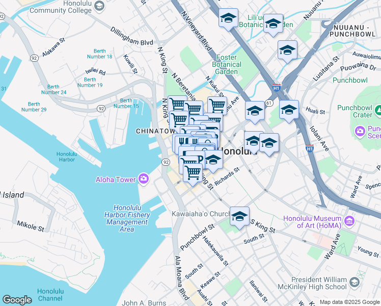 map of restaurants, bars, coffee shops, grocery stores, and more near 1001 Bishop Street in Honolulu