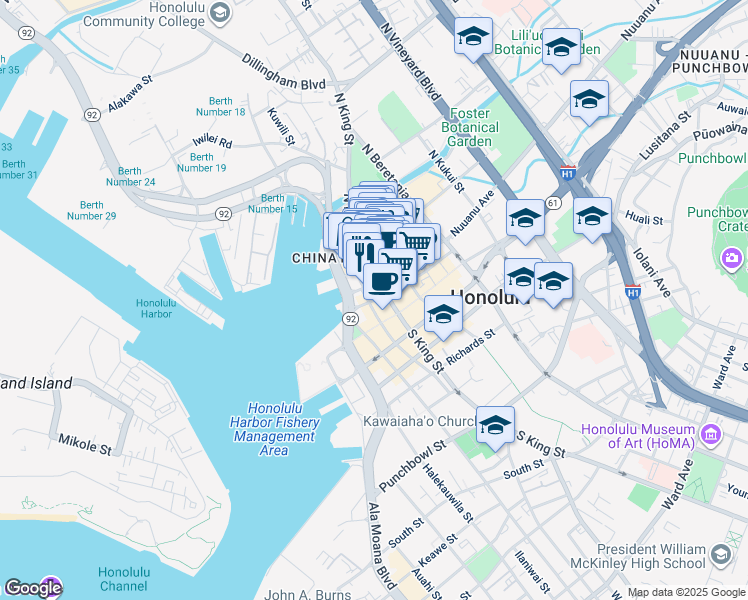 map of restaurants, bars, coffee shops, grocery stores, and more near 925 Bethel Street in Honolulu