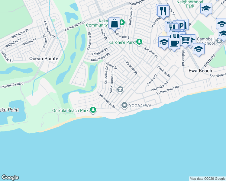 map of restaurants, bars, coffee shops, grocery stores, and more near 91-1056 Hokuikekai Street in Ewa Beach