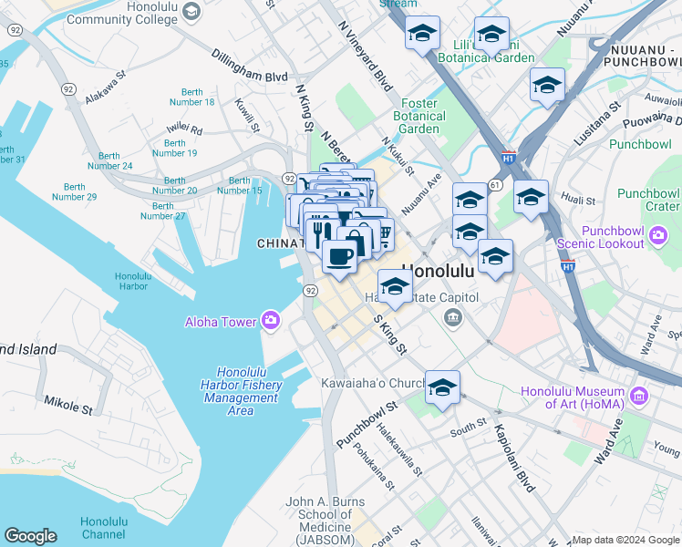 map of restaurants, bars, coffee shops, grocery stores, and more near 925 Bethel Street in Honolulu