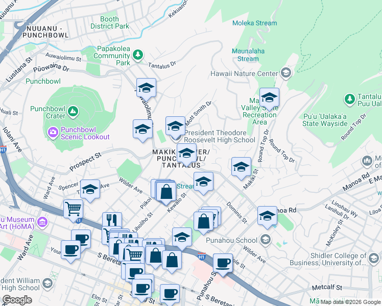 map of restaurants, bars, coffee shops, grocery stores, and more near 1204 Lilo Place in Honolulu