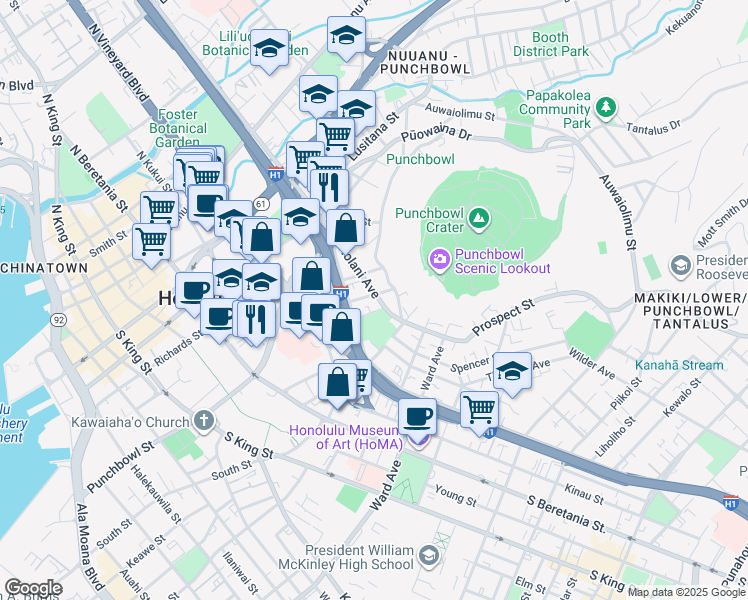 map of restaurants, bars, coffee shops, grocery stores, and more near 409 Iolani Avenue in Honolulu