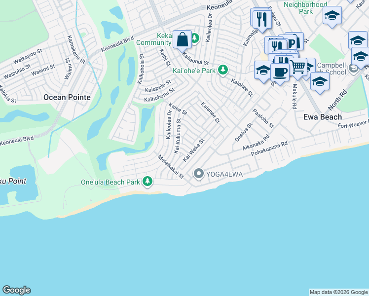 map of restaurants, bars, coffee shops, grocery stores, and more near 91-1056 Hokuikekai Street in Ewa Beach