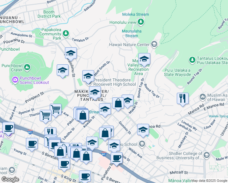 map of restaurants, bars, coffee shops, grocery stores, and more near 2133 Mauna Place in Honolulu