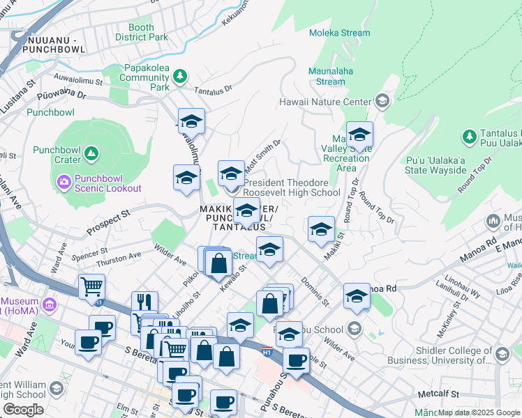 map of restaurants, bars, coffee shops, grocery stores, and more near 1204 Lilo Place in Honolulu