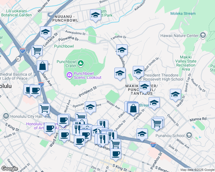 map of restaurants, bars, coffee shops, grocery stores, and more near 1022-1146 Prospect Street in Honolulu