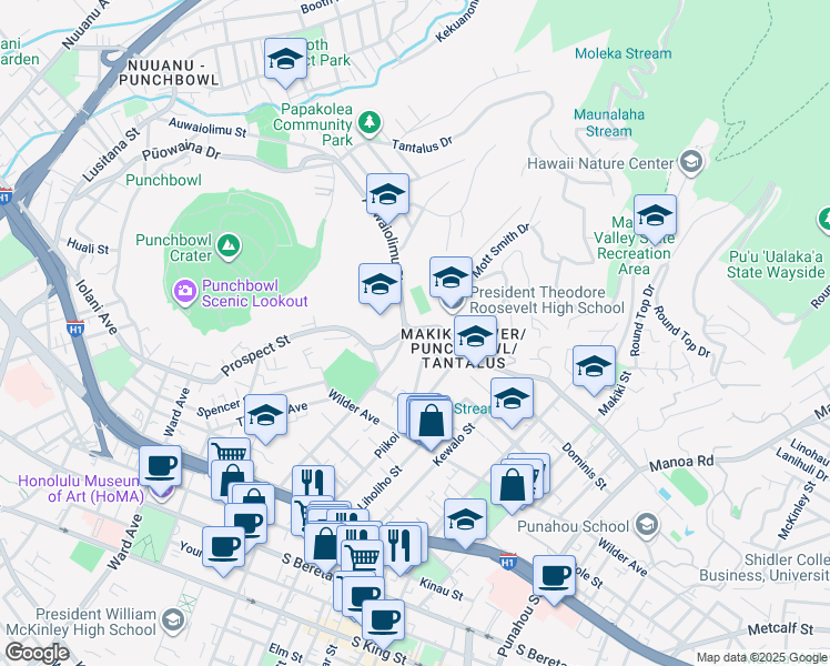 map of restaurants, bars, coffee shops, grocery stores, and more near 1043 Nehoa Street in Honolulu
