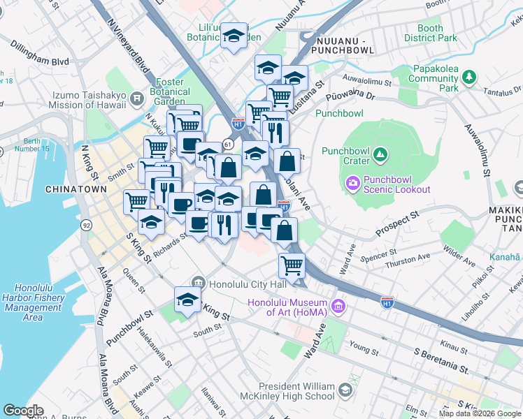 map of restaurants, bars, coffee shops, grocery stores, and more near 1459 Punchbowl Street in Honolulu