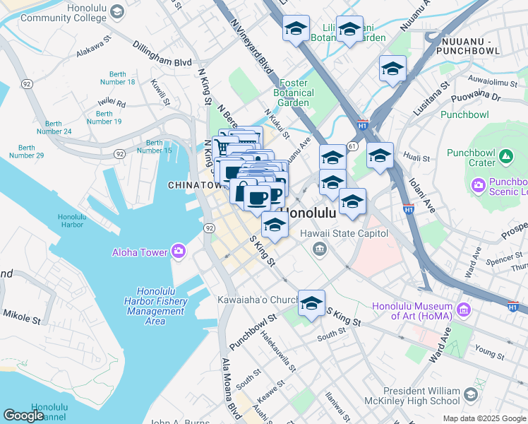 map of restaurants, bars, coffee shops, grocery stores, and more near 1114 Fort Street Mall in Honolulu
