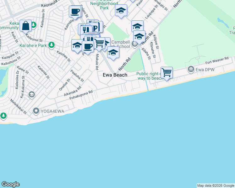 map of restaurants, bars, coffee shops, grocery stores, and more near 91-770 Oneula Place in Ewa Beach