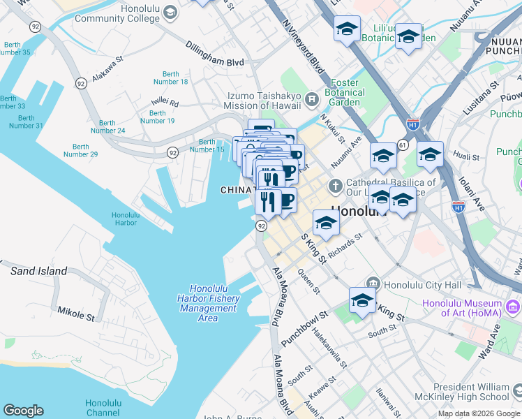 map of restaurants, bars, coffee shops, grocery stores, and more near 654 Nuuanu Avenue in Honolulu