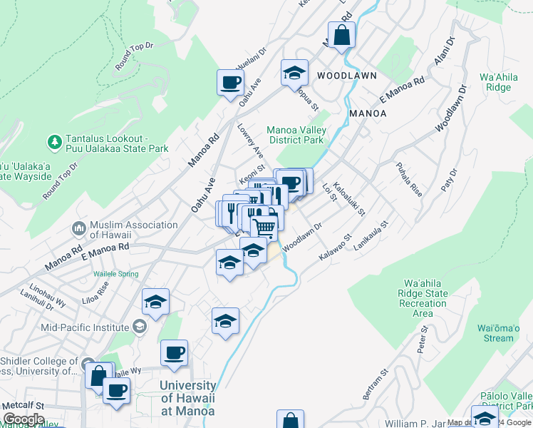 map of restaurants, bars, coffee shops, grocery stores, and more near 2728 Huapala Street in Honolulu