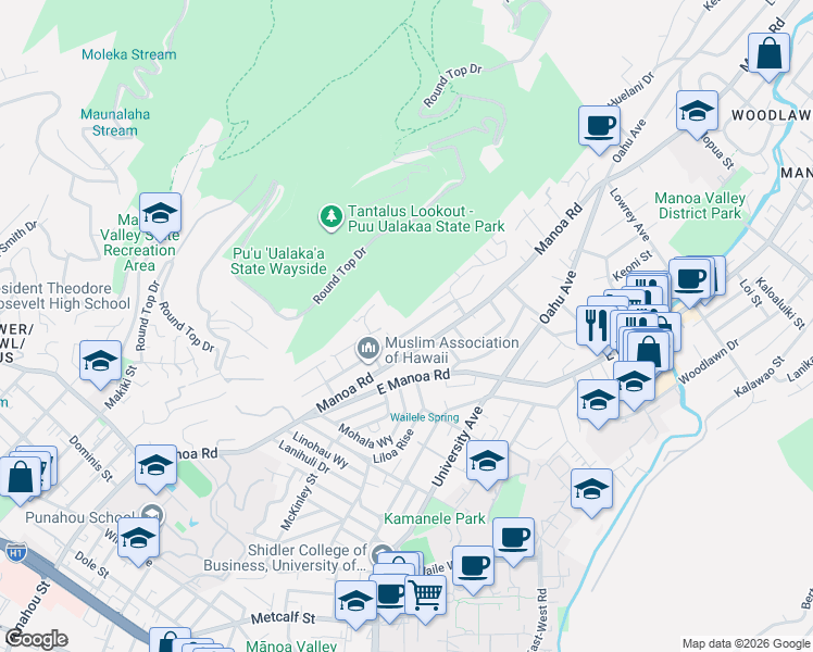 map of restaurants, bars, coffee shops, grocery stores, and more near 2608 Ferdinand Avenue in Honolulu