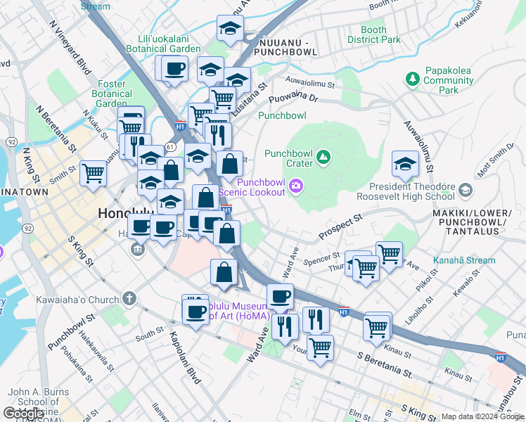 map of restaurants, bars, coffee shops, grocery stores, and more near 609 Prospect Street in Honolulu