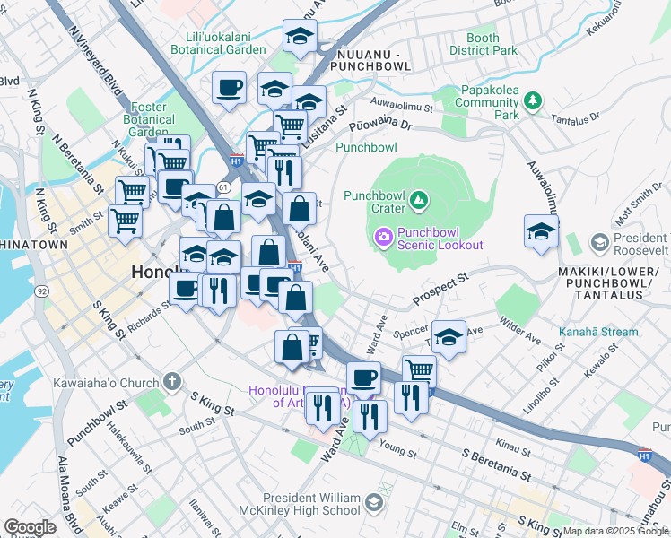 map of restaurants, bars, coffee shops, grocery stores, and more near 609 Prospect Street in Honolulu