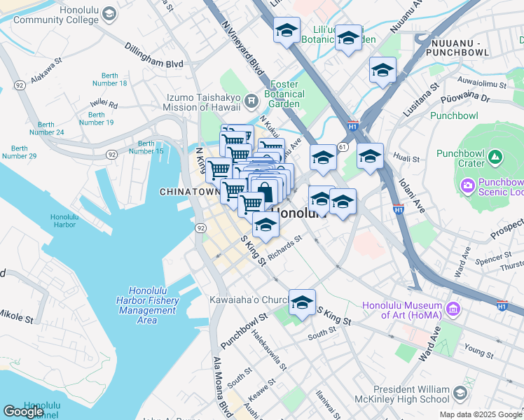 map of restaurants, bars, coffee shops, grocery stores, and more near 1132 Bishop Street in Honolulu