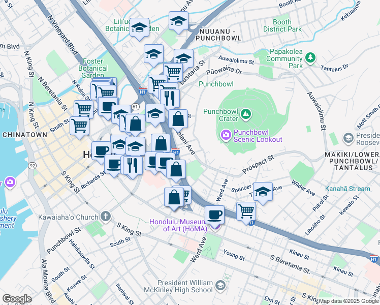 map of restaurants, bars, coffee shops, grocery stores, and more near 1578 Miller Street in Honolulu