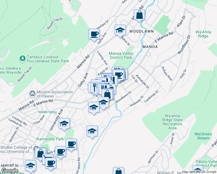 map of restaurants, bars, coffee shops, grocery stores, and more near 2728 Huapala Street in Honolulu