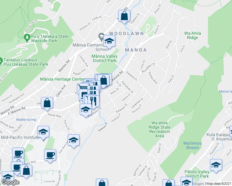 map of restaurants, bars, coffee shops, grocery stores, and more near 2953 Loi Street in Honolulu