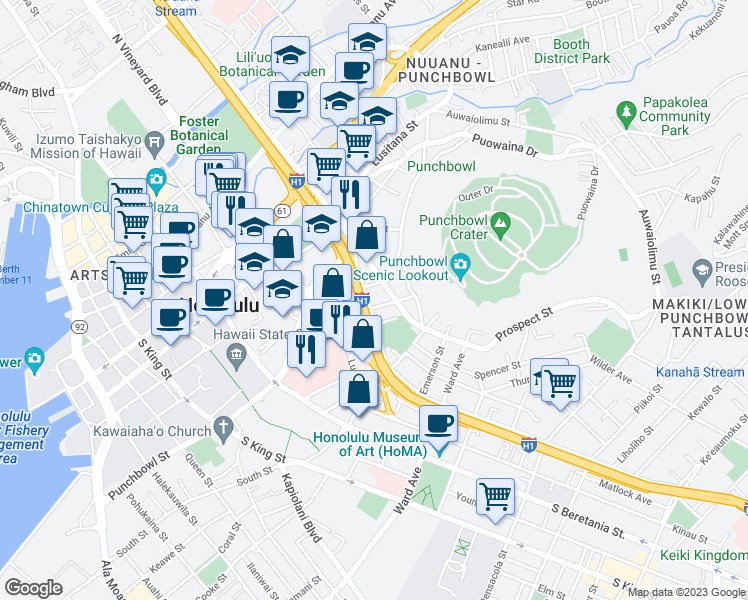 map of restaurants, bars, coffee shops, grocery stores, and more near 409 Iolani Avenue in Honolulu