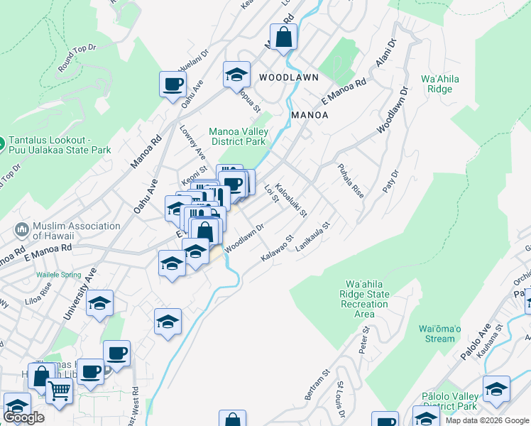 map of restaurants, bars, coffee shops, grocery stores, and more near 2953 Loi Street in Honolulu