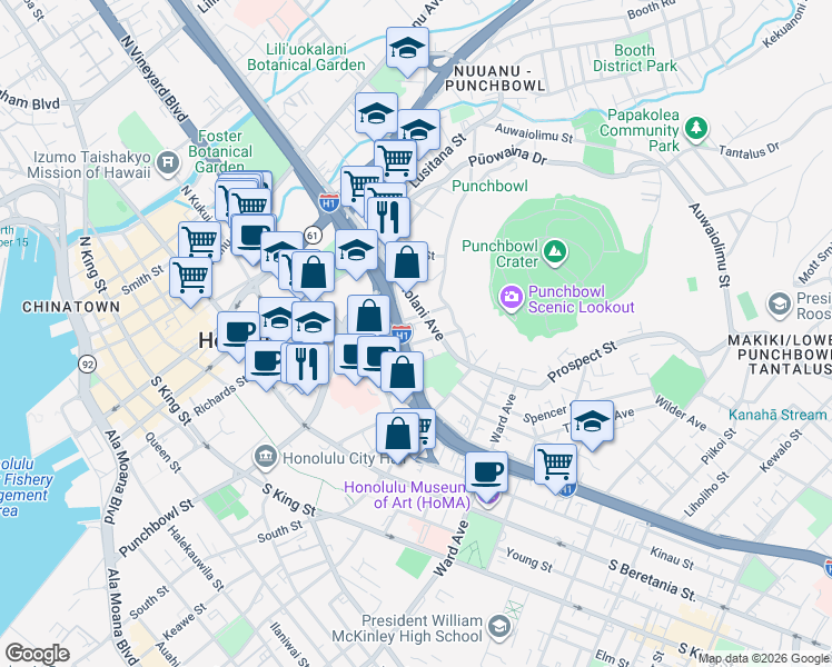 map of restaurants, bars, coffee shops, grocery stores, and more near 410 Magellan Avenue in Honolulu