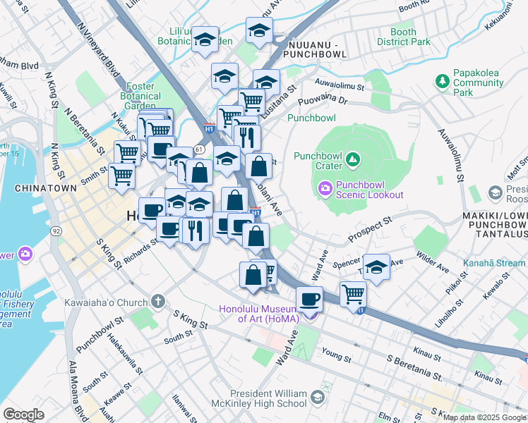 map of restaurants, bars, coffee shops, grocery stores, and more near 409 Iolani Avenue in Honolulu