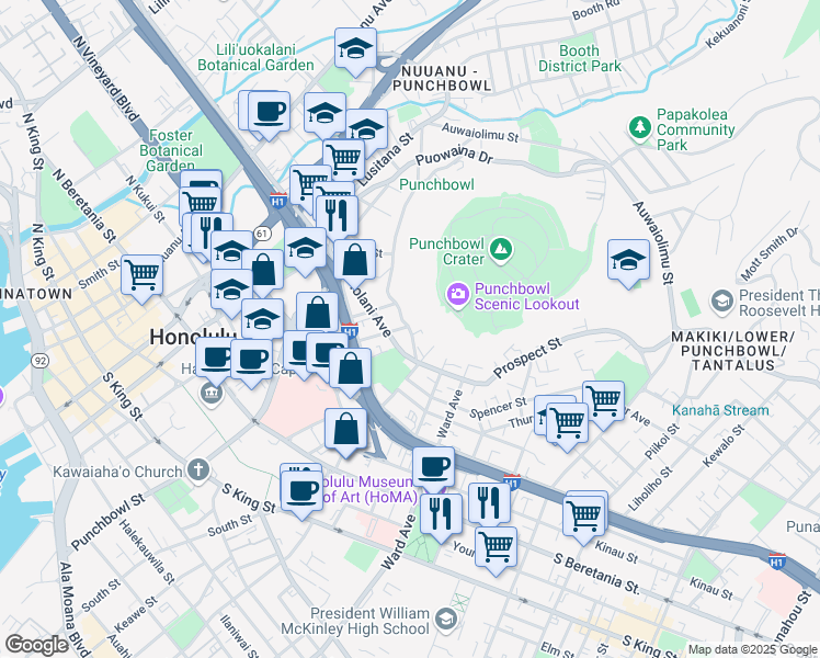 map of restaurants, bars, coffee shops, grocery stores, and more near 609 Prospect Street in Honolulu