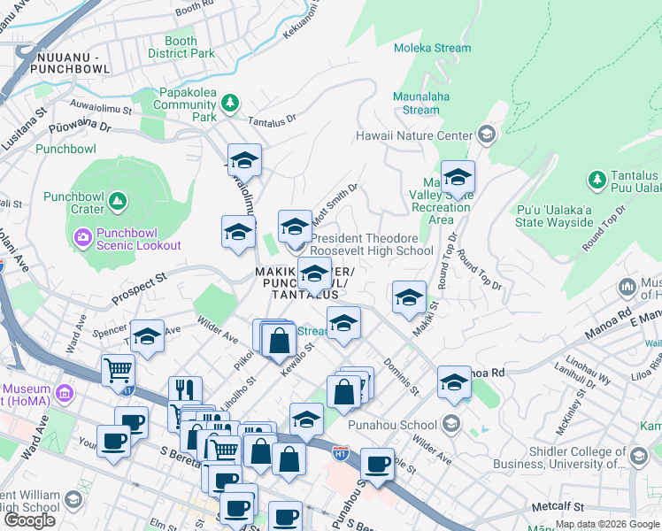 map of restaurants, bars, coffee shops, grocery stores, and more near 1210 Lilo Place in Honolulu