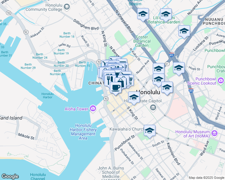 map of restaurants, bars, coffee shops, grocery stores, and more near 923 Nuuanu Avenue in Honolulu
