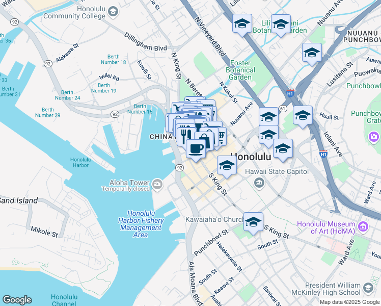 map of restaurants, bars, coffee shops, grocery stores, and more near 923 Nuuanu Avenue in Honolulu