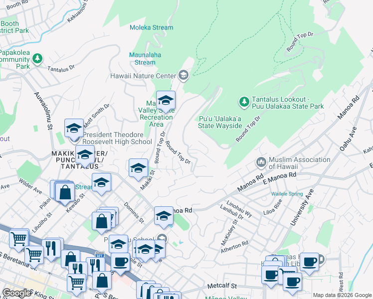 map of restaurants, bars, coffee shops, grocery stores, and more near 2198 Round Top Drive in Honolulu