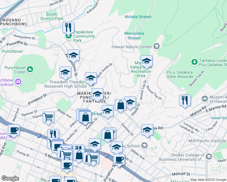 map of restaurants, bars, coffee shops, grocery stores, and more near 2133 Mauna Place in Honolulu