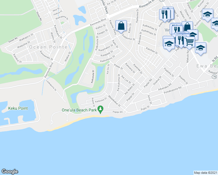 map of restaurants, bars, coffee shops, grocery stores, and more near 91-1085 Kai Oio Street in Ewa Beach
