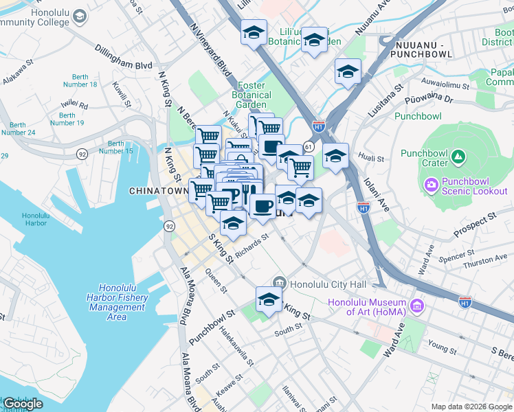 map of restaurants, bars, coffee shops, grocery stores, and more near in Honolulu