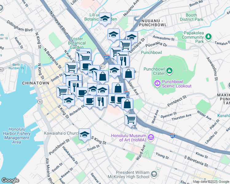 map of restaurants, bars, coffee shops, grocery stores, and more near 1459 Punchbowl Street in Honolulu