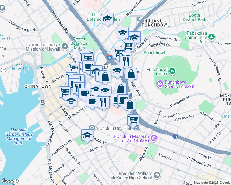 map of restaurants, bars, coffee shops, grocery stores, and more near 1459 Punchbowl Street in Honolulu