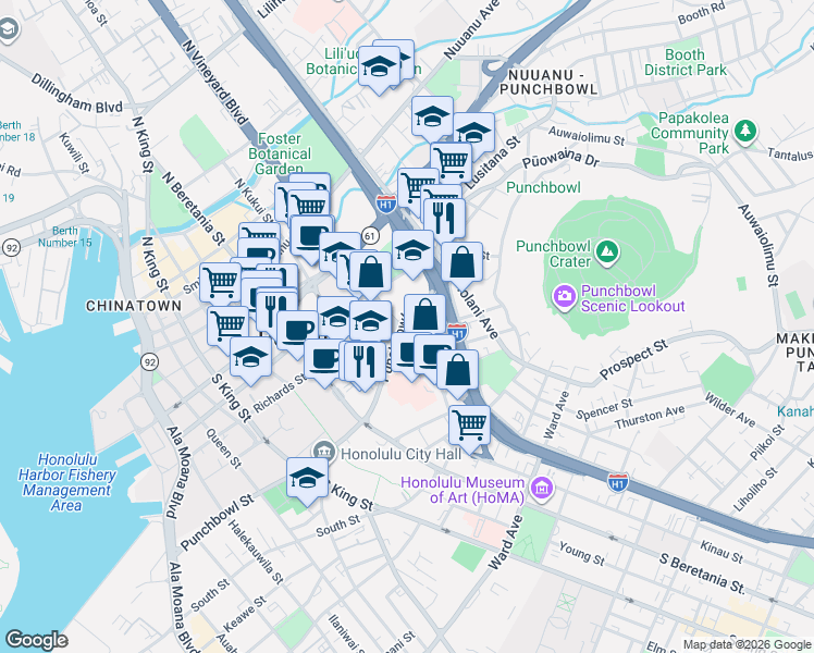 map of restaurants, bars, coffee shops, grocery stores, and more near 1459 Punchbowl Street in Honolulu