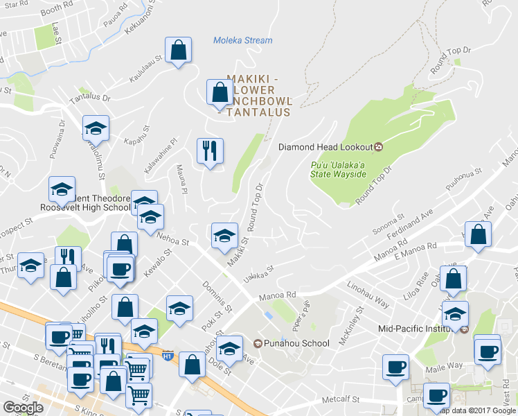 map of restaurants, bars, coffee shops, grocery stores, and more near 2063 Round Top Drive in Honolulu