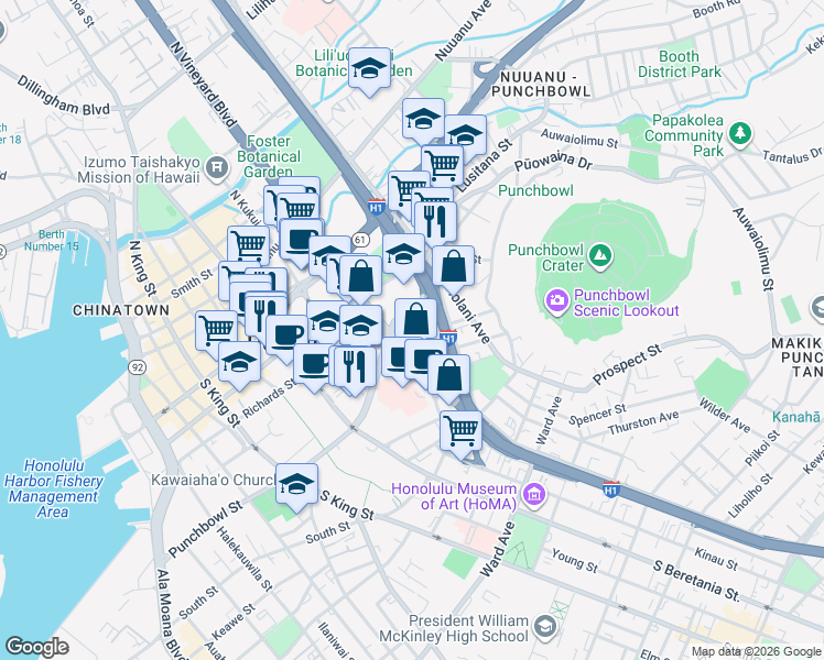 map of restaurants, bars, coffee shops, grocery stores, and more near 1442 Lusitana Street in Honolulu