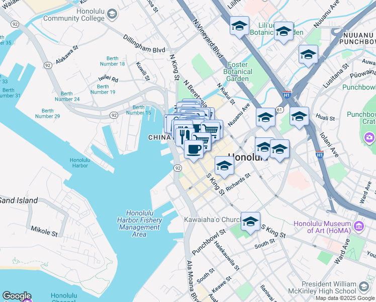 map of restaurants, bars, coffee shops, grocery stores, and more near 923 Nuuanu Avenue in Honolulu