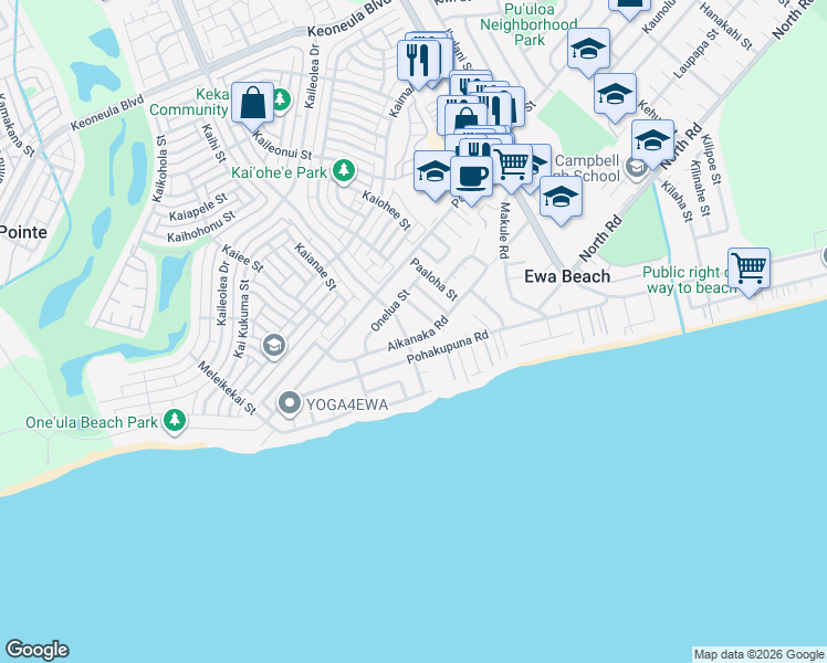 map of restaurants, bars, coffee shops, grocery stores, and more near 91-626 Aikanaka Road in Ewa Beach