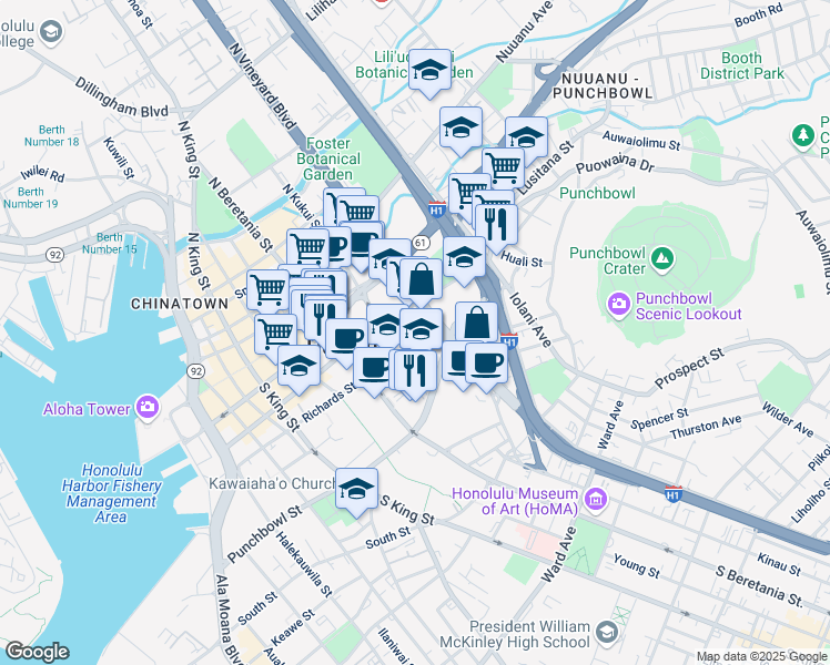 map of restaurants, bars, coffee shops, grocery stores, and more near 265 South Vineyard Street in Honolulu