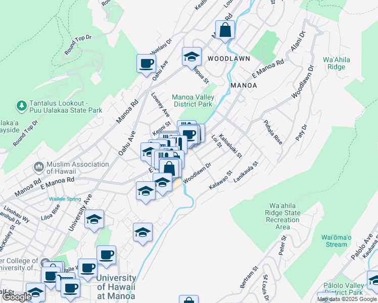 map of restaurants, bars, coffee shops, grocery stores, and more near 2955 East Manoa Road in Honolulu