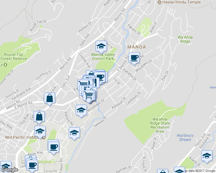 map of restaurants, bars, coffee shops, grocery stores, and more near 3017 Kaloaluiki Street in Honolulu