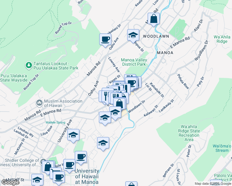 map of restaurants, bars, coffee shops, grocery stores, and more near 2728 Huapala Street in Honolulu